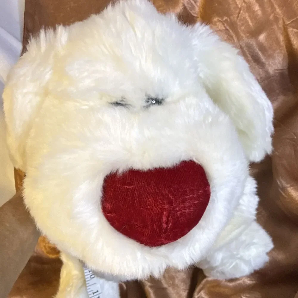Dan Dee White Plush Puppy Dog Red Heart Nose Red Ribbon Bow 14in Vintage 1999